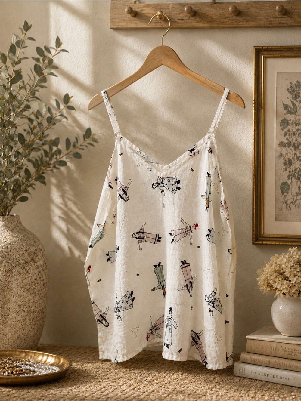 FLAX 100% Linen Novelty Fashion Print Camisole Tank Top Medium Lagenlook